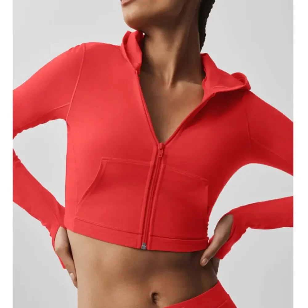 Alo Alosoft Sincere Fitted Full Zip Cropped Hoodie Jacket Bright Red Small